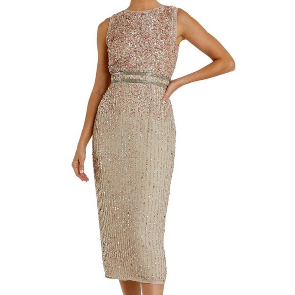 Mac Duggal Nude Sequin Beaded Midi Sheath Dress NWT Size 14 - Picture 2 of 16